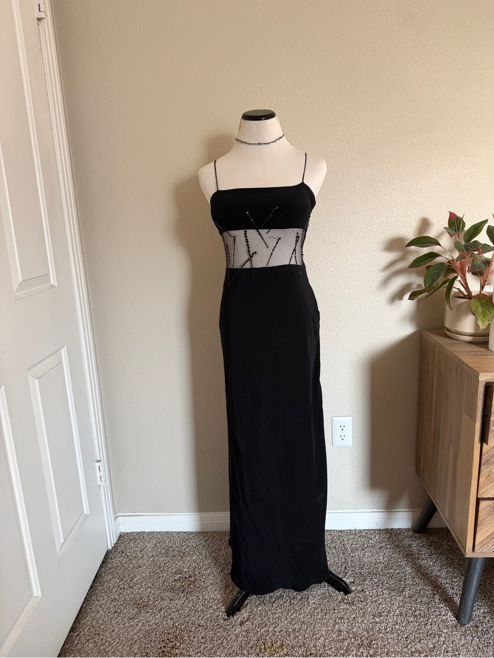 Vintage Black Beaded Sheer-Waist Maxi Dress